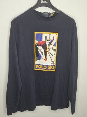 Polo by Ralph Lauren Mens Navy Long-Sleeve Shirt W/ Yellow Red Ski Graphic (M)
